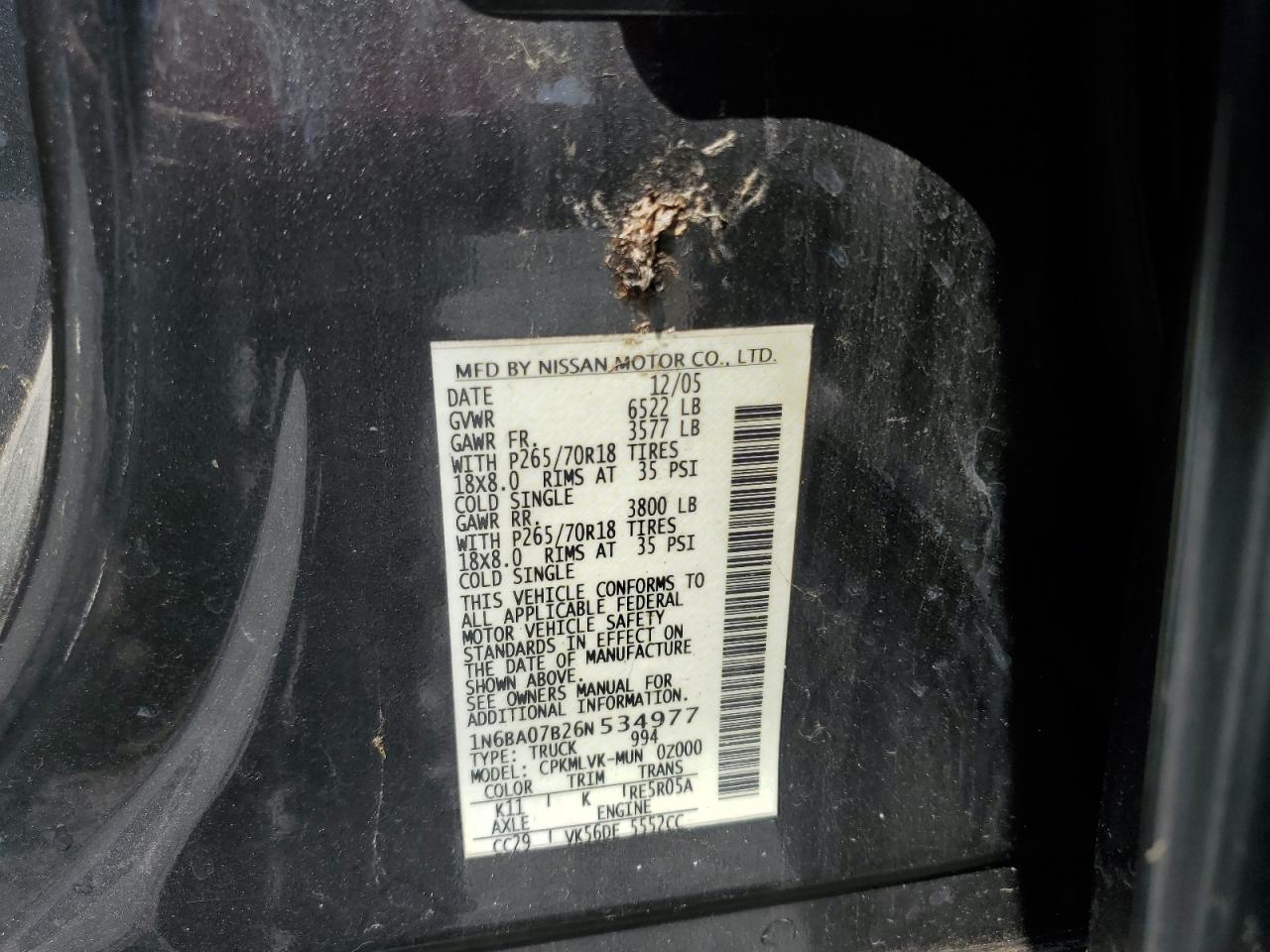 2006 Nissan Titan Xe VIN: 1N6BA07B26N534977 Lot: 64080545