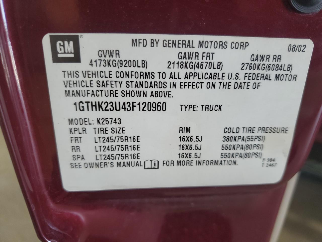 2003 GMC Sierra K2500 Heavy Duty VIN: 1GTHK23U43F120960 Lot: 62957415