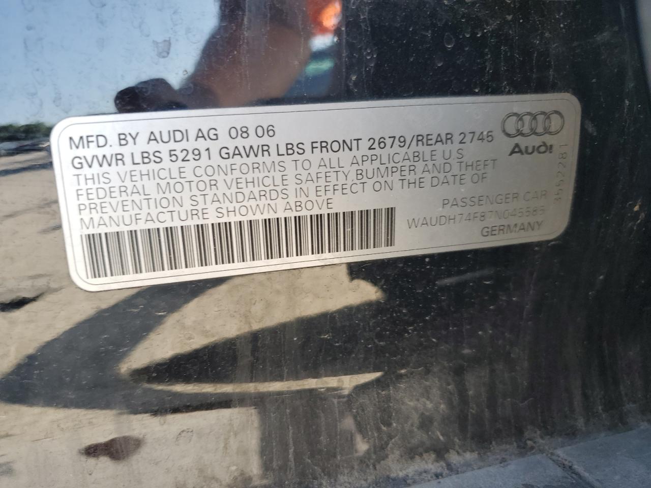 2007 Audi A6 3.2 Quattro VIN: WAUDH74F87N045585 Lot: 63320605