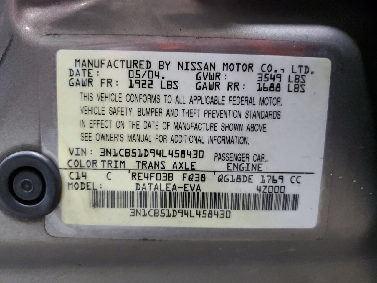 2004 Nissan Sentra 1.8 VIN: 3N1CB51D94L458430 Lot: 63138525