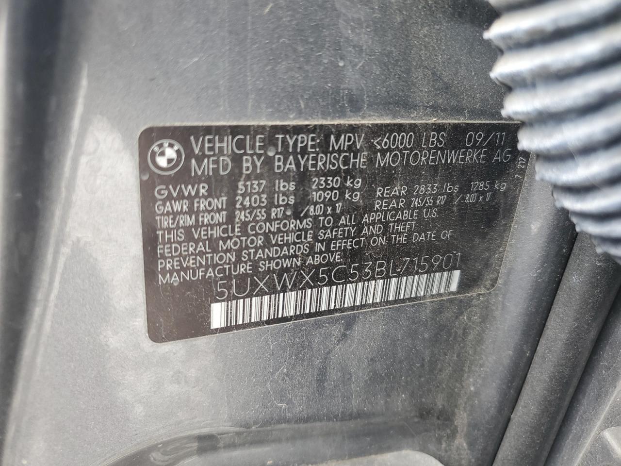 2011 BMW X3 xDrive28I VIN: 5UXWX5C53BL715901 Lot: 64946645