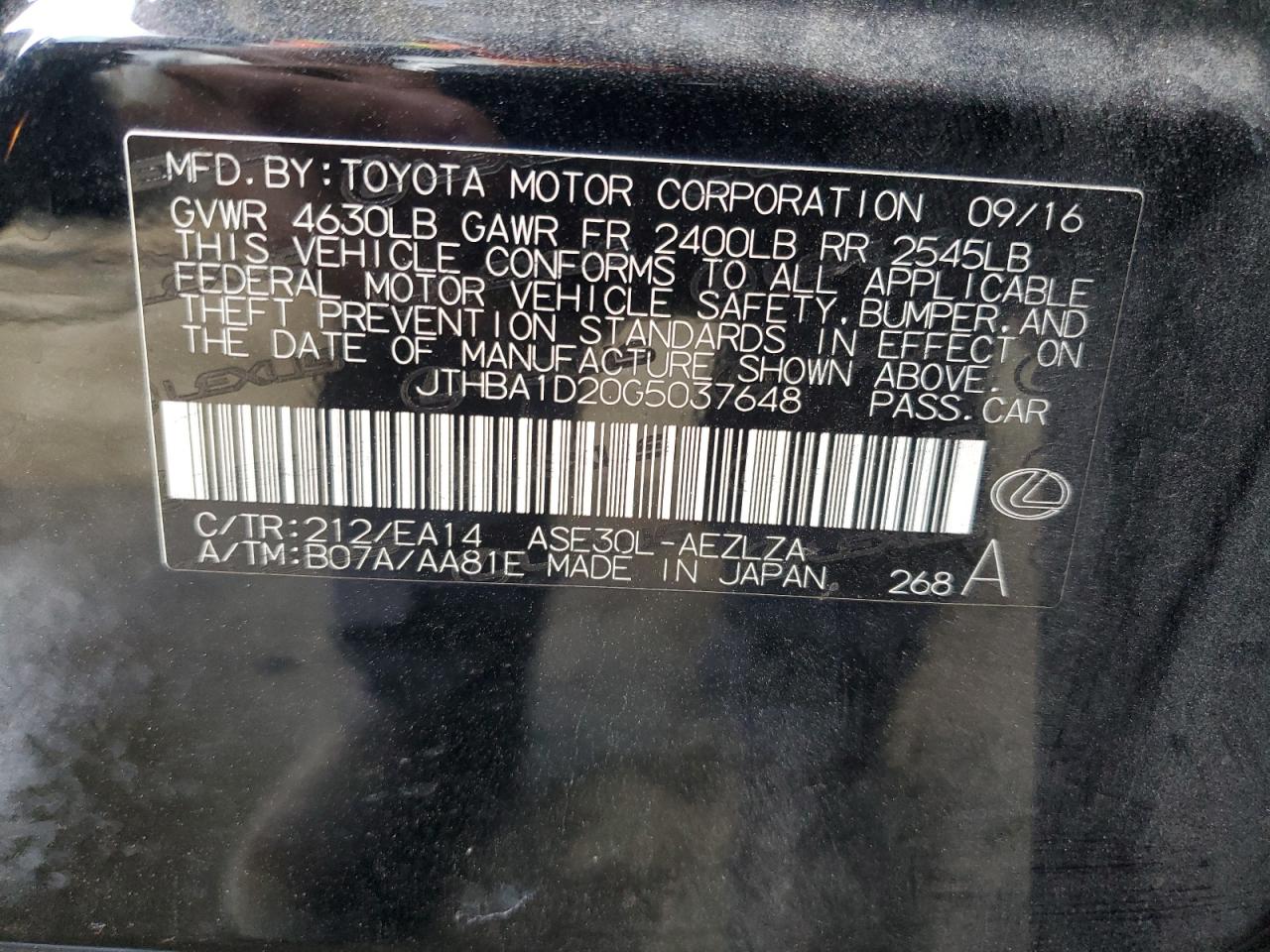 2016 Lexus Is 200T VIN: JTHBA1D20G5037648 Lot: 59550705