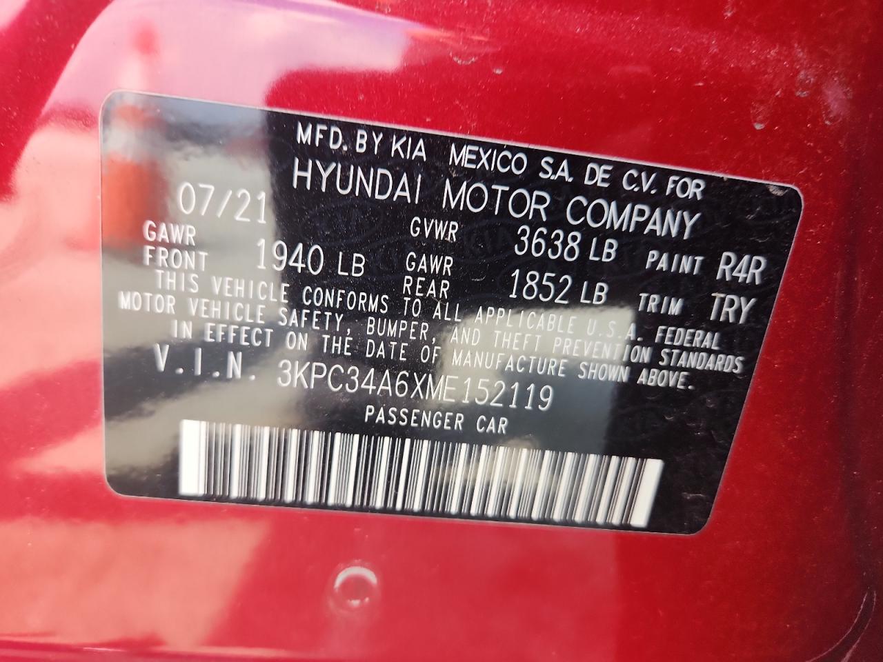 2021 Hyundai Accent Limited VIN: 3KPC34A6XME152119 Lot: 63602475