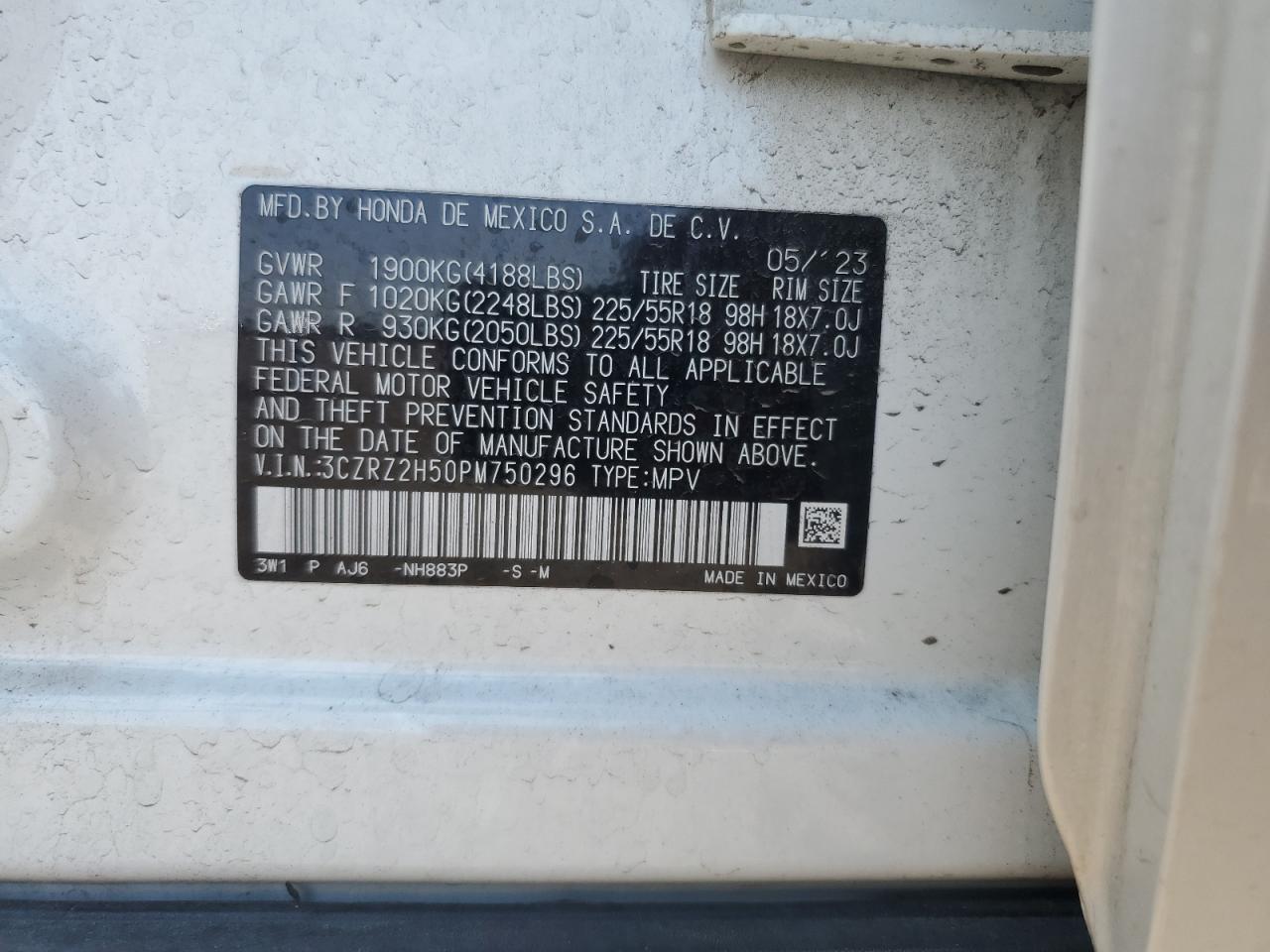 2023 Honda Hr-V Sport VIN: 3CZRZ2H50PM750296 Lot: 64048265