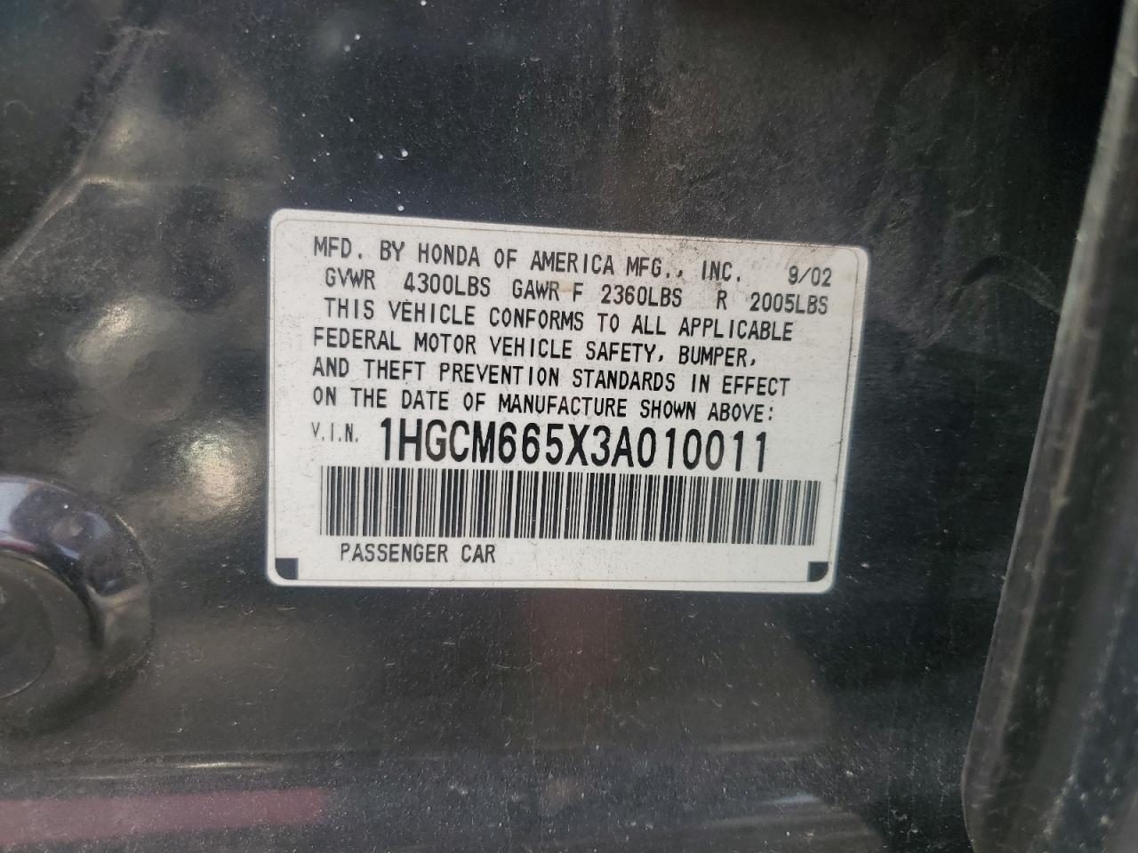 2003 Honda Accord Ex VIN: 1HGCM665X3A010011 Lot: 65430655
