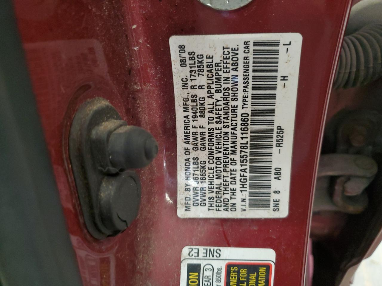 2008 Honda Civic Lx VIN: 1HGFA15578L116860 Lot: 64571605