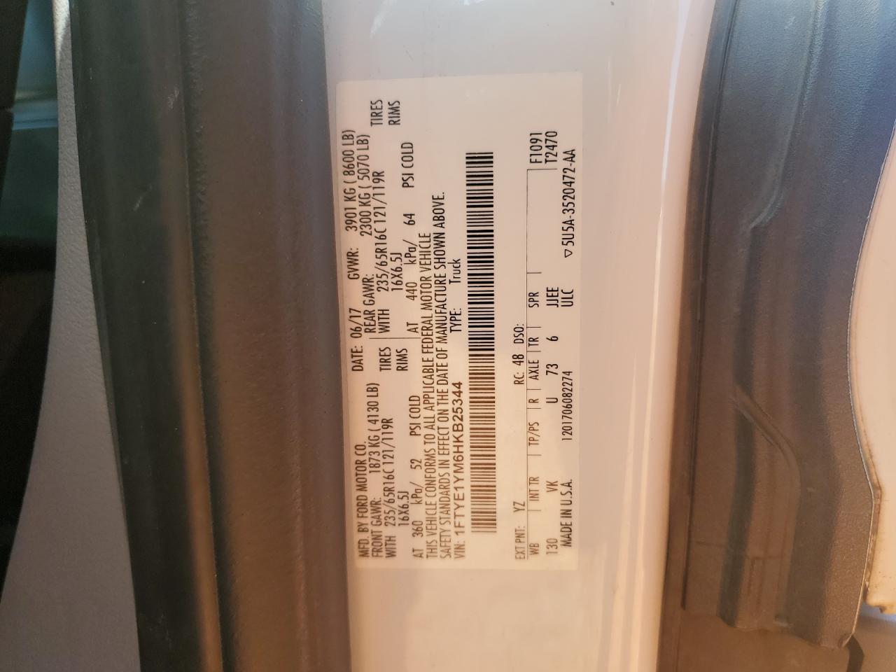 2017 Ford Transit T-150 VIN: 1FTYE1YM6HKB25344 Lot: 66149935