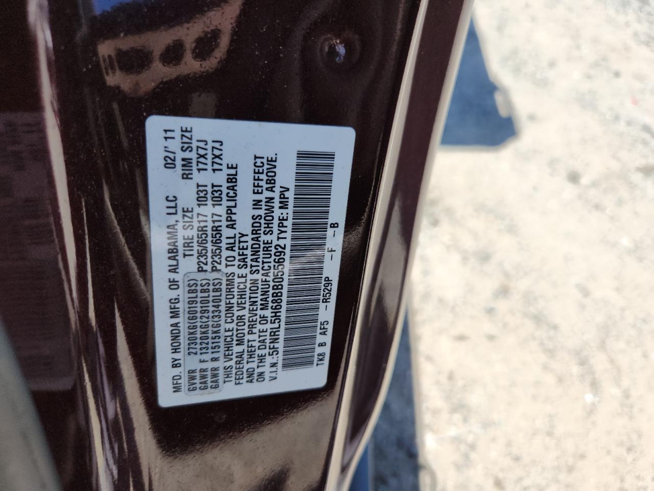2011 Honda Odyssey Exl VIN: 5FNRL5H68BB055692 Lot: 65705495