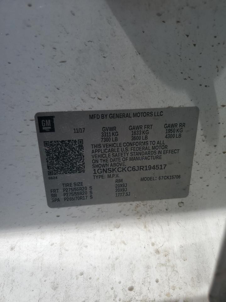 2018 Chevrolet Tahoe K1500 Premier VIN: 1GNSKCKC6JR194517 Lot: 64211665