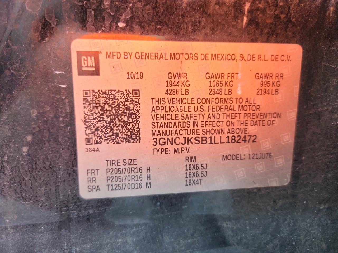 2020 Chevrolet Trax Ls VIN: 3GNCJKSB1LL182472 Lot: 64399735