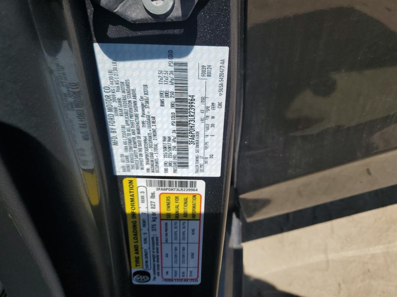 2020 Ford Fusion Se VIN: 3FA6P0H73LR239964 Lot: 64450415