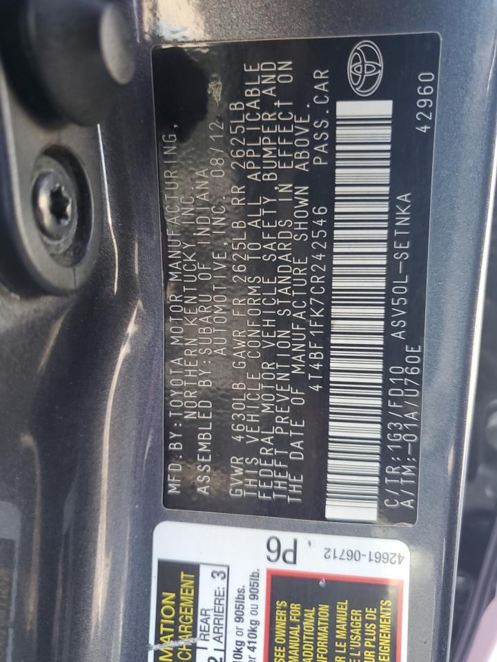 2012 Toyota Camry Base VIN: 4T4BF1FK7CR242546 Lot: 65047975