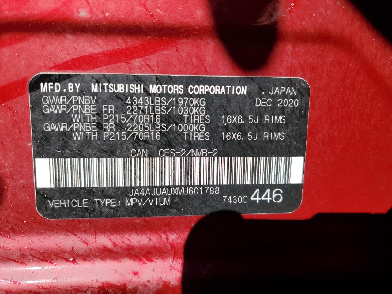 2021 Mitsubishi Rvr Es VIN: JA4AJUAUXMU601788 Lot: 64019215