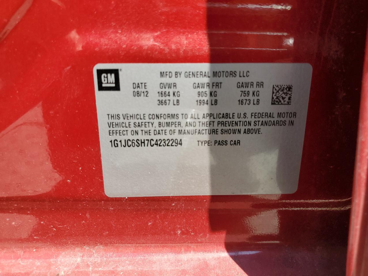 2012 Chevrolet Sonic Lt VIN: 1G1JC6SH7C4232294 Lot: 65031005