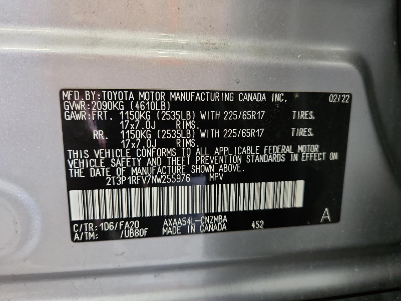 2022 Toyota Rav4 Xle VIN: 2T3P1RFV7NW255976 Lot: 64803805