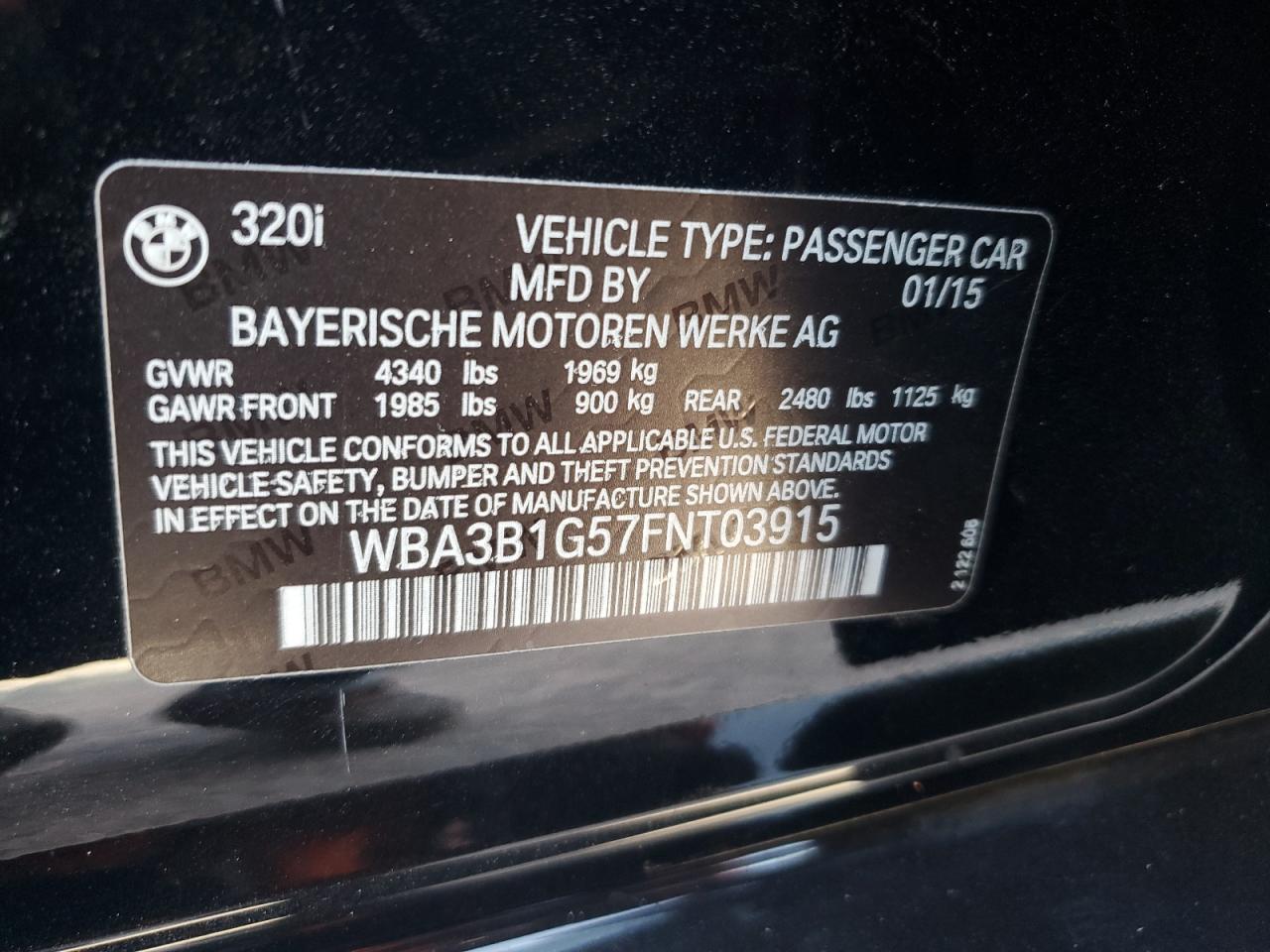 2015 BMW 320 I VIN: WBA3B1G57FNT03915 Lot: 64330355