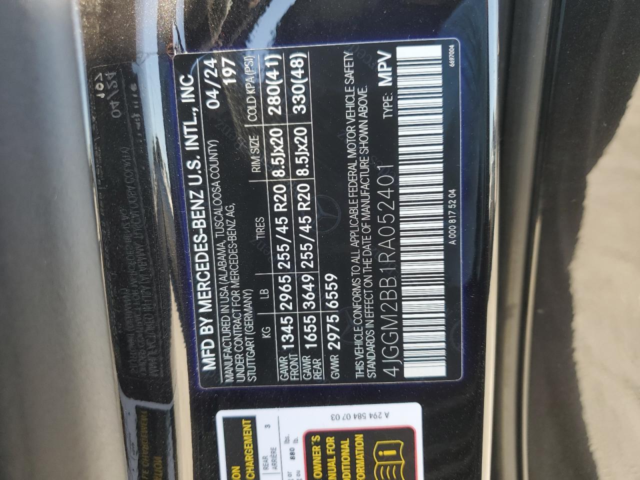 2024 Mercedes-Benz Eqe Suv 350+ VIN: 4JGGM2BB1RA052401 Lot: 64083635