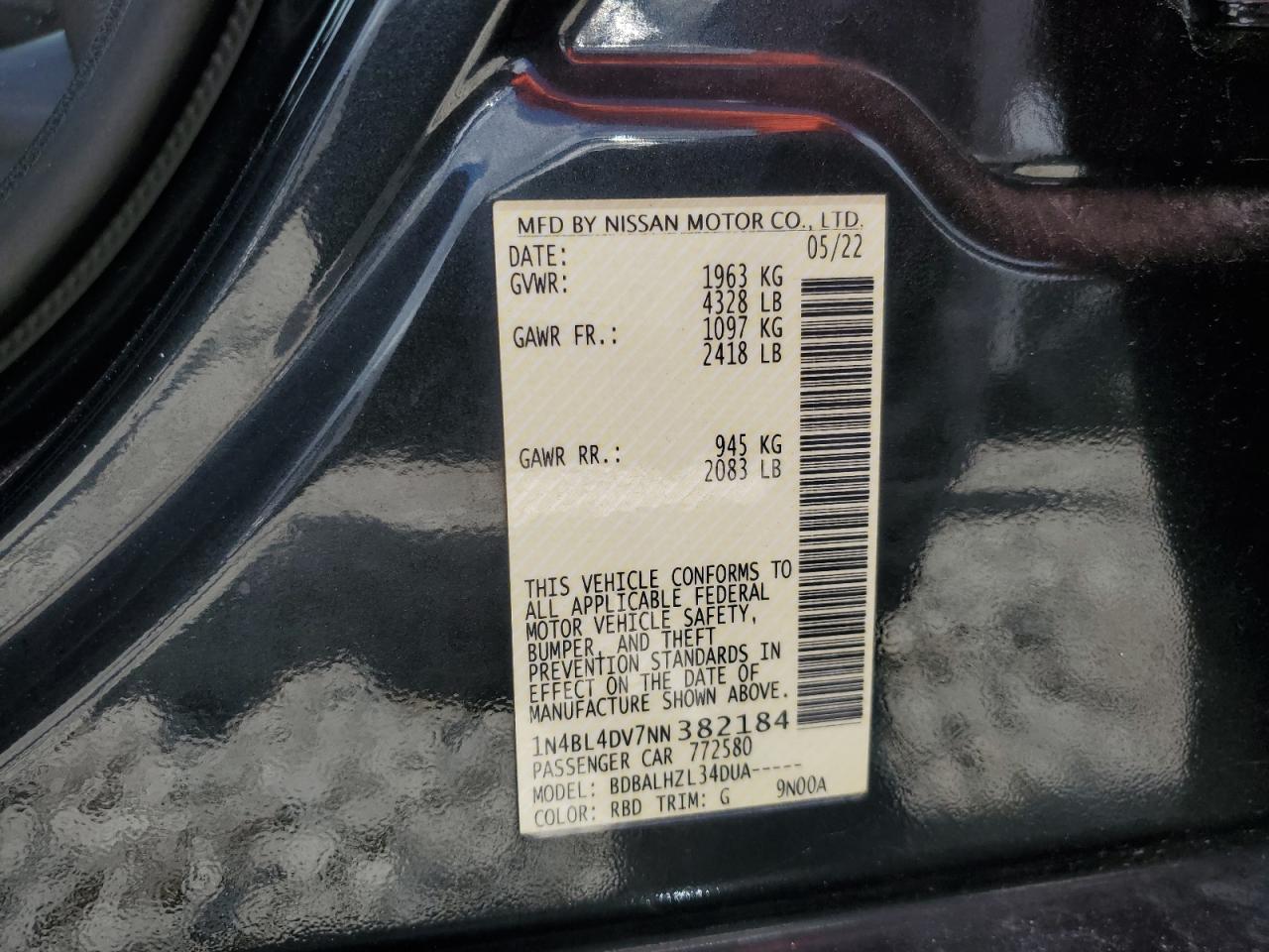 2022 Nissan Altima Sv VIN: 1N4BL4DV7NN382184 Lot: 64683915