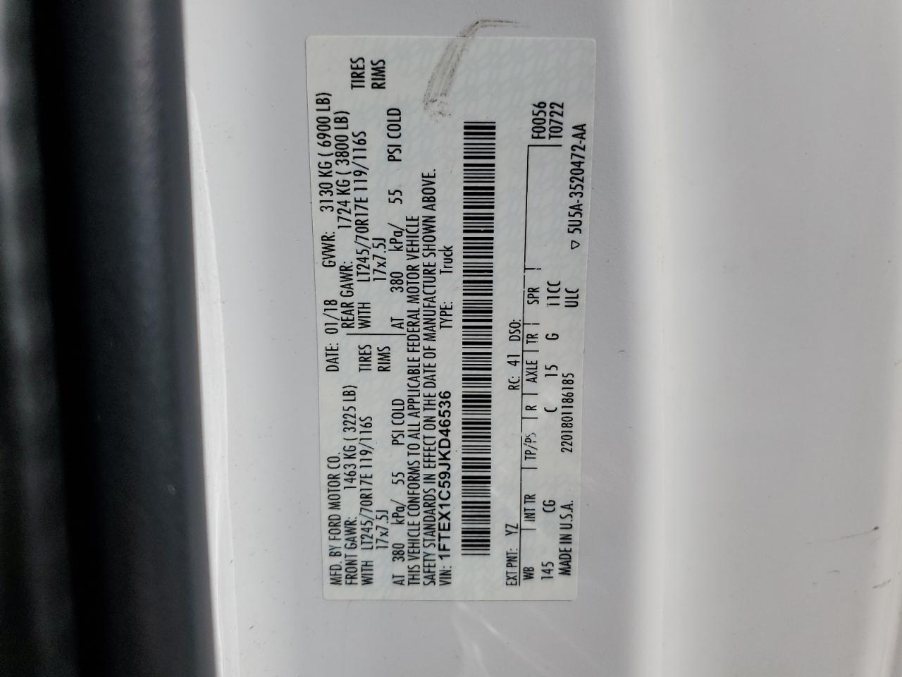 2018 Ford F150 Super Cab VIN: 1FTEX1C59JKD46536 Lot: 63029325