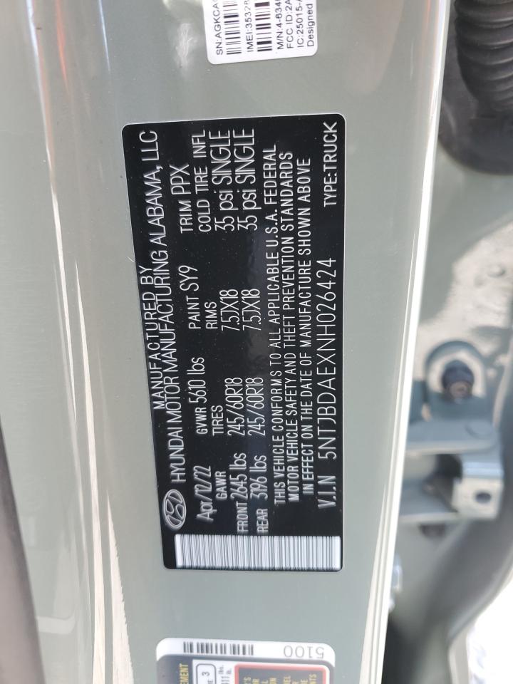 2022 Hyundai Santa Cruz Sel VIN: 5NTJBDAEXNH026424 Lot: 63286265