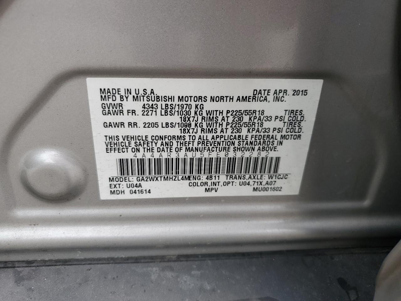 2015 Mitsubishi Outlander Sport Es VIN: 4A4AR3AU5FE032282 Lot: 64823215