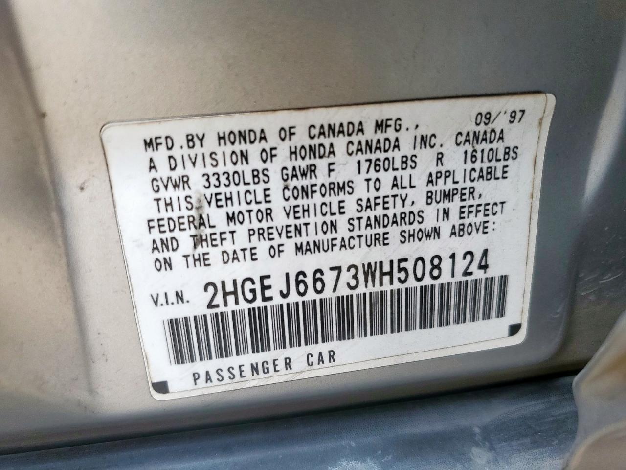 1998 Honda Civic Lx VIN: 2HGEJ6673WH508124 Lot: 63984015