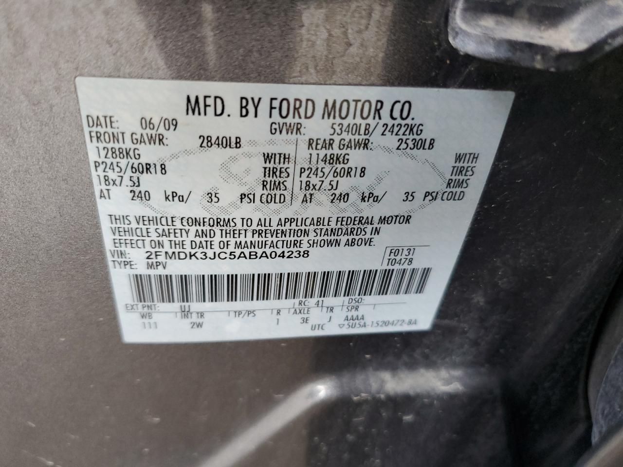 2010 Ford Edge Sel VIN: 2FMDK3JC5ABA04238 Lot: 64139225