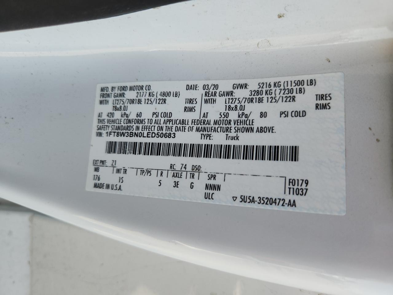2020 Ford F350 Super Duty VIN: 1FT8W3BN0LED50683 Lot: 64806485