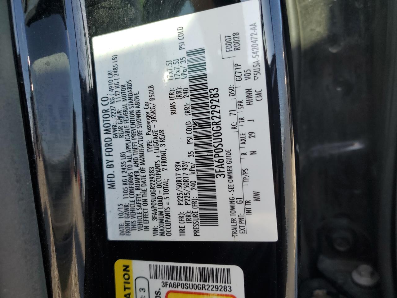 2016 Ford Fusion Titanium Phev VIN: 3FA6P0SU0GR229283 Lot: 65552615