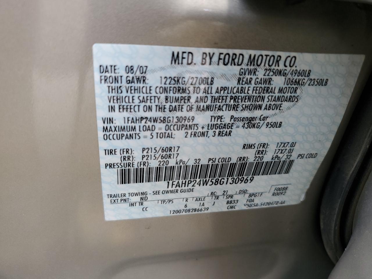 2008 Ford Taurus Sel VIN: 1FAHP24W58G130969 Lot: 63810465