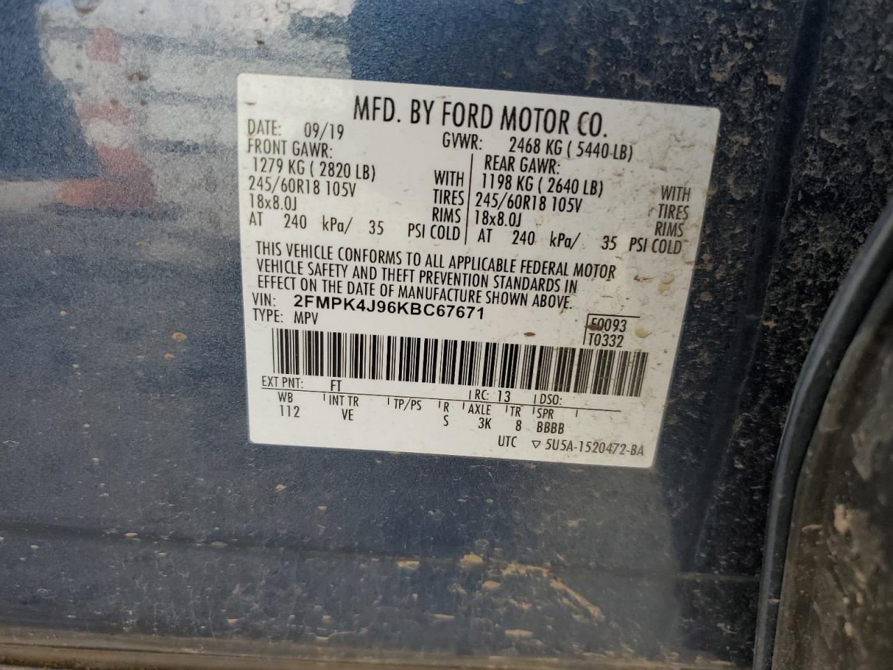 2019 Ford Edge Sel VIN: 2FMPK4J96KBC67671 Lot: 66315495