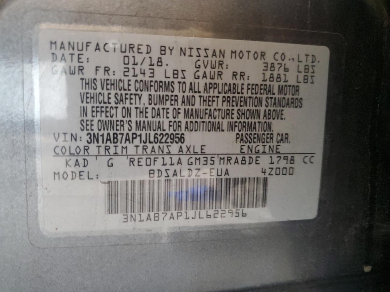 2018 Nissan Sentra S VIN: 3N1AB7AP1JL622956 Lot: 65239255