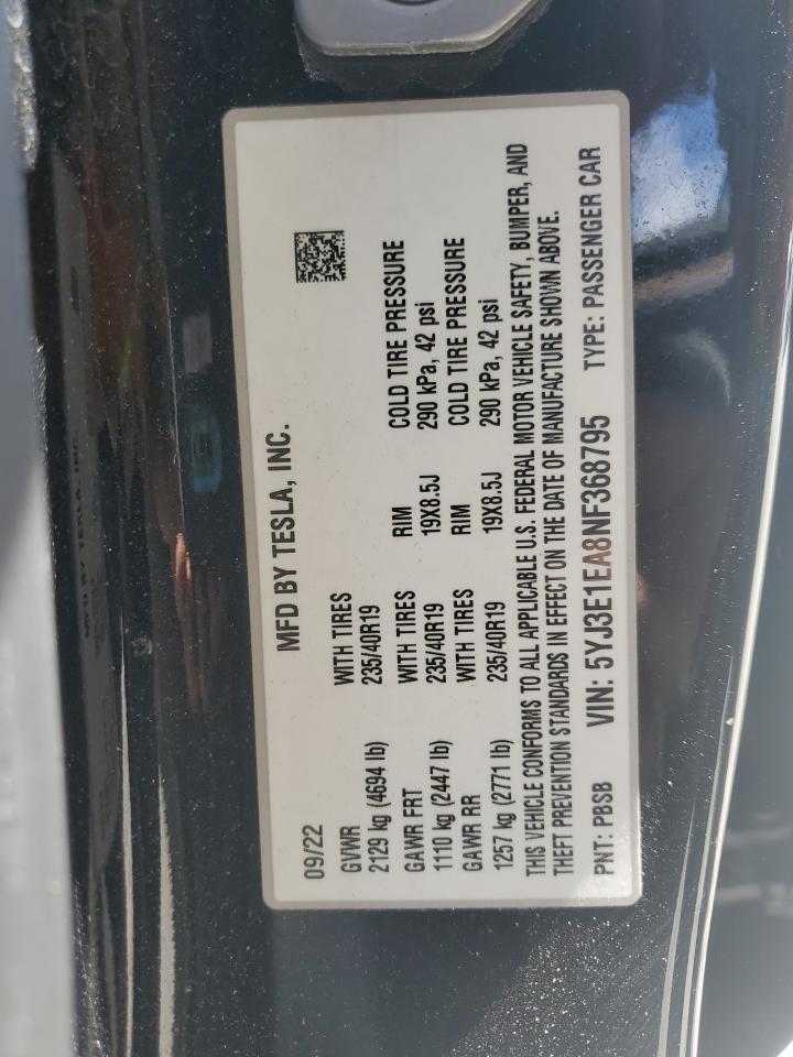 2022 Tesla Model 3 VIN: 5YJ3E1EA8NF368795 Lot: 64700365