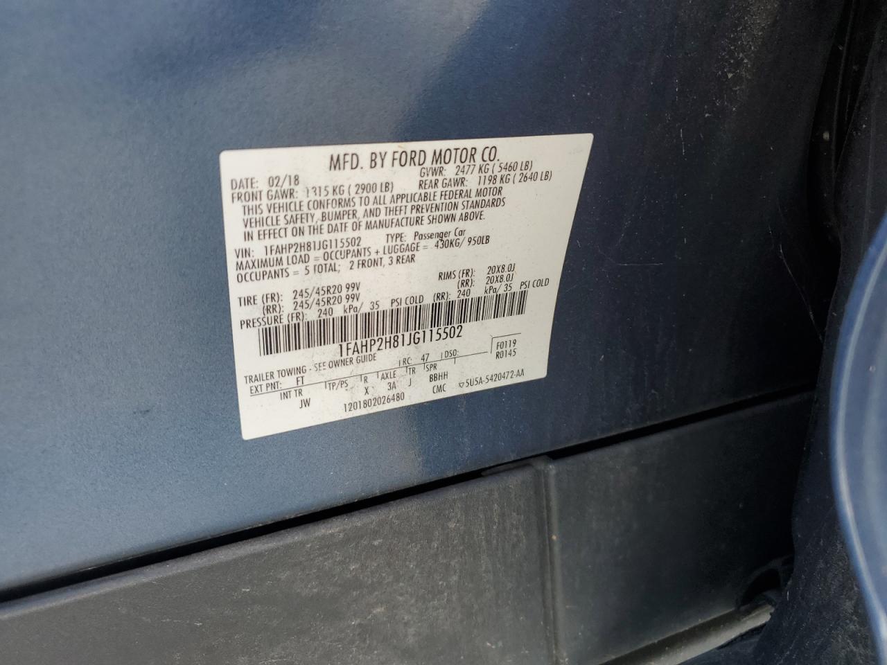 2018 Ford Taurus Sel VIN: 1FAHP2H81JG115502 Lot: 64852895