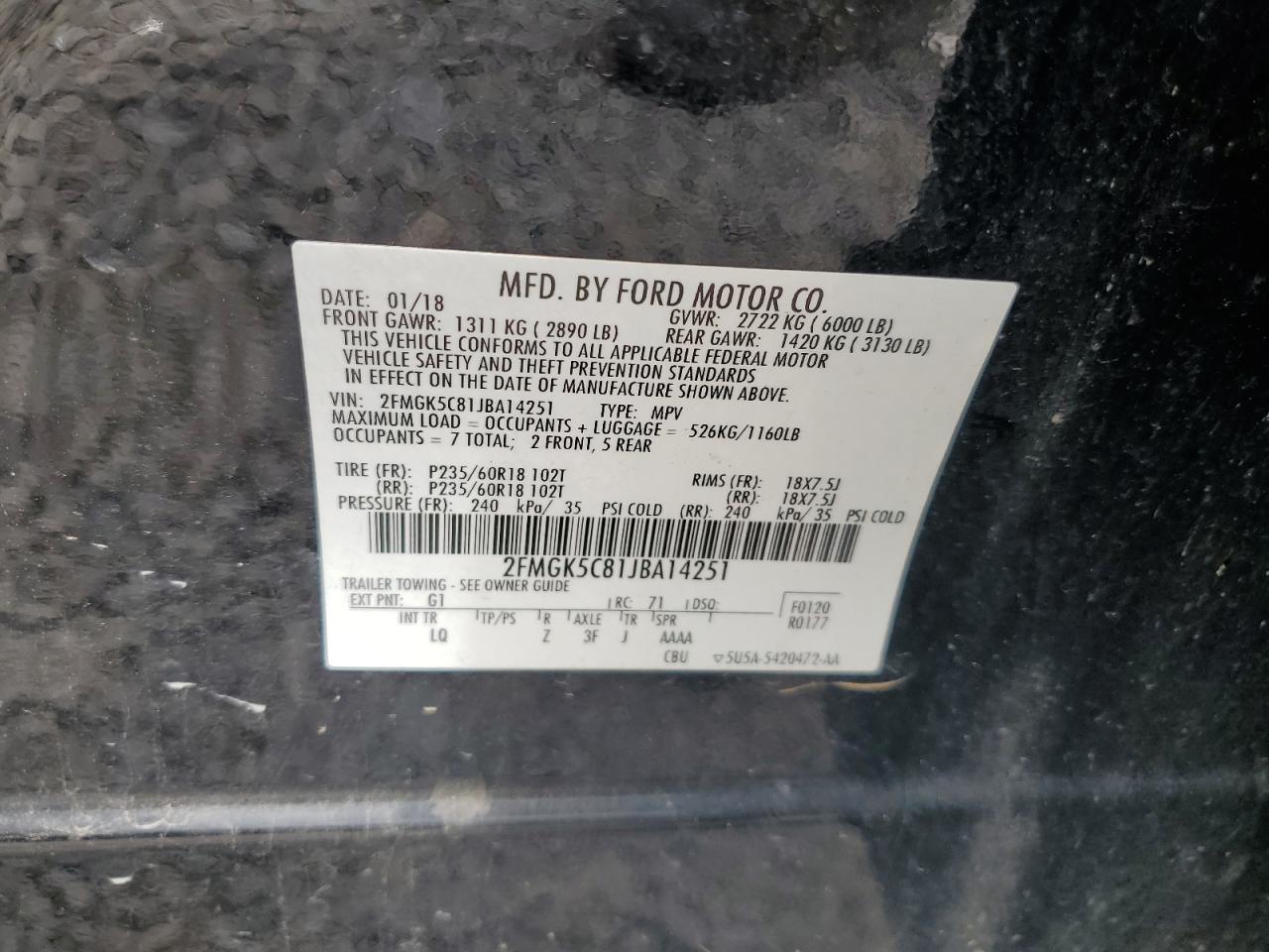 2018 Ford Flex Sel VIN: 2FMGK5C81JBA14251 Lot: 64460965