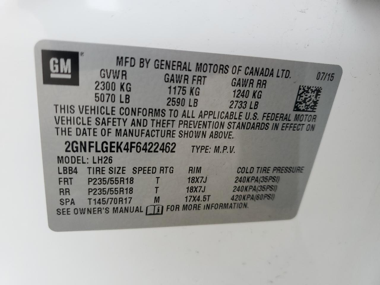 2015 Chevrolet Equinox Lt VIN: 2GNFLGEK4F6422462 Lot: 65069675