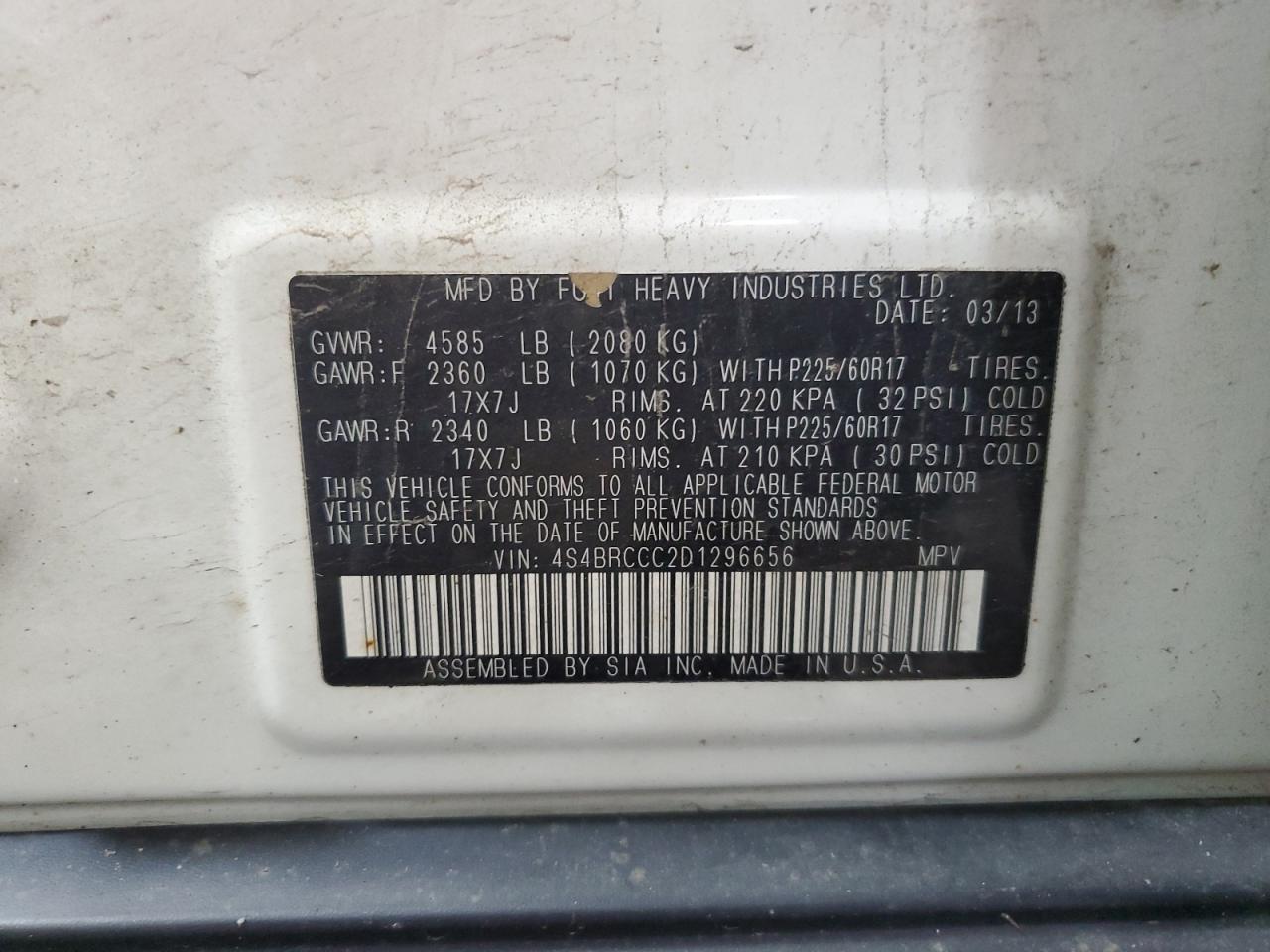 2013 Subaru Outback 2.5I Premium VIN: 4S4BRCCC2D1296656 Lot: 65068395