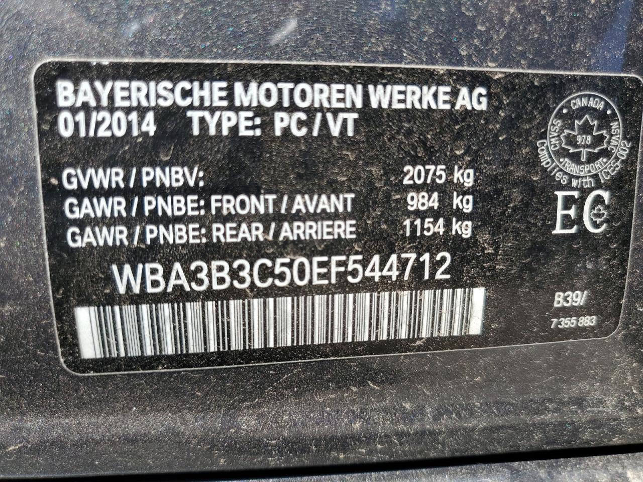 2014 BMW 328 Xi VIN: WBA3B3C50EF544712 Lot: 65783715