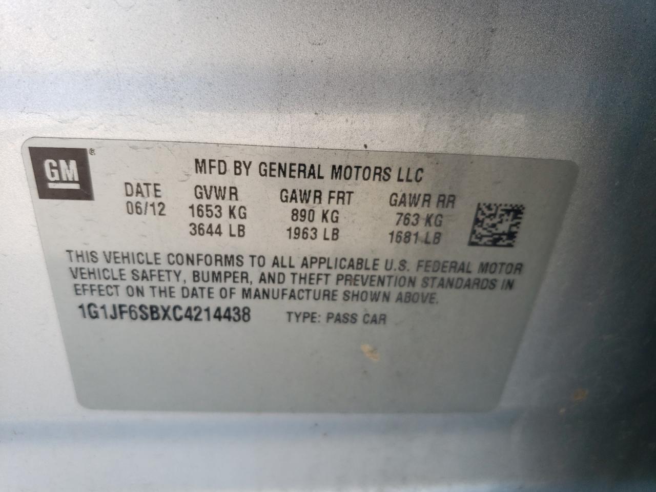 2012 Chevrolet Sonic Ltz VIN: 1G1JF6SBXC4214438 Lot: 64071165