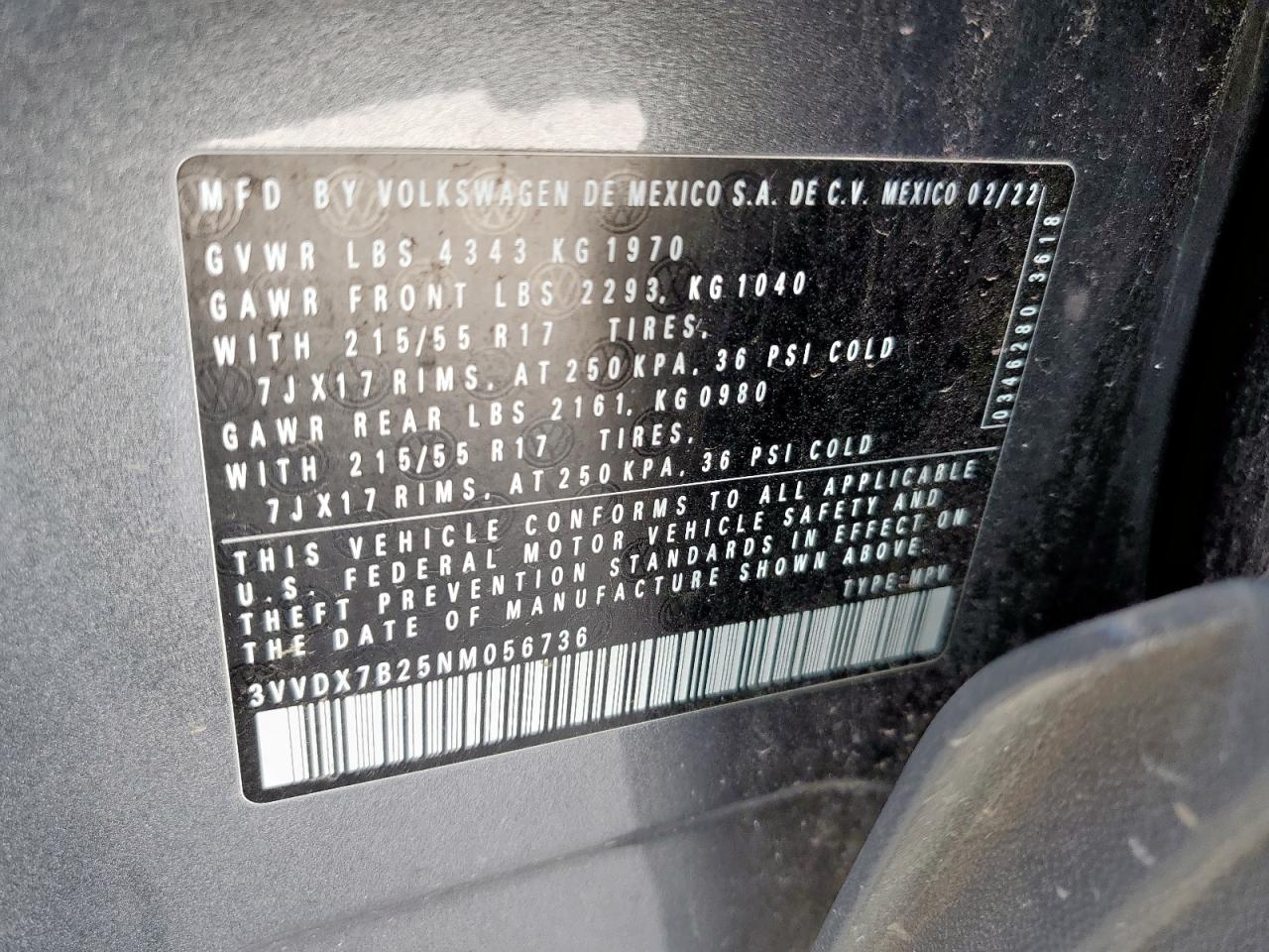 2022 Volkswagen Taos S VIN: 3VVDX7B25NM056736 Lot: 65401125