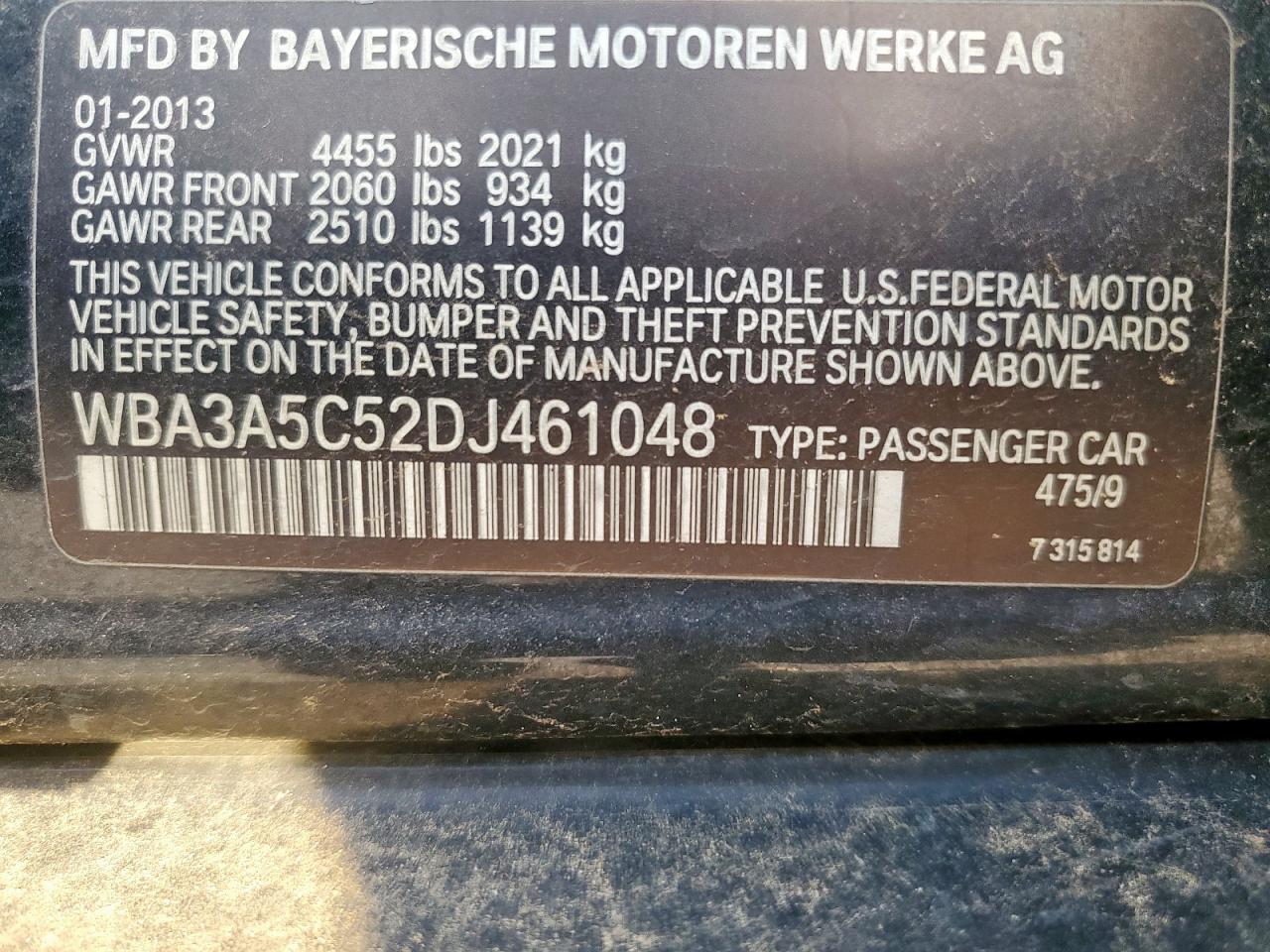 2013 BMW 328 I VIN: WBA3A5C52DJ461048 Lot: 63791185