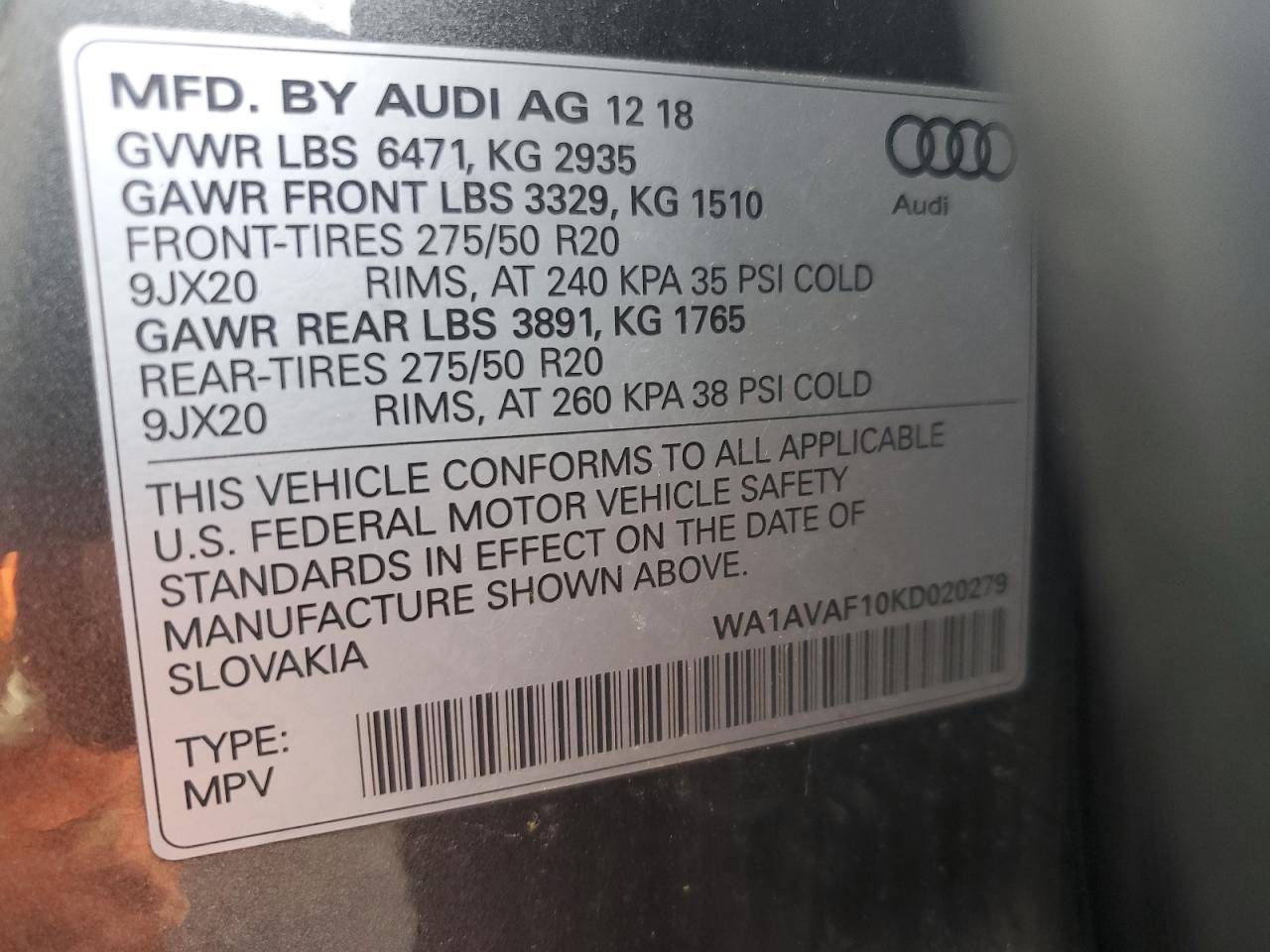 2019 Audi Q8 Premium VIN: WA1AVAF10KD020279 Lot: 63042205