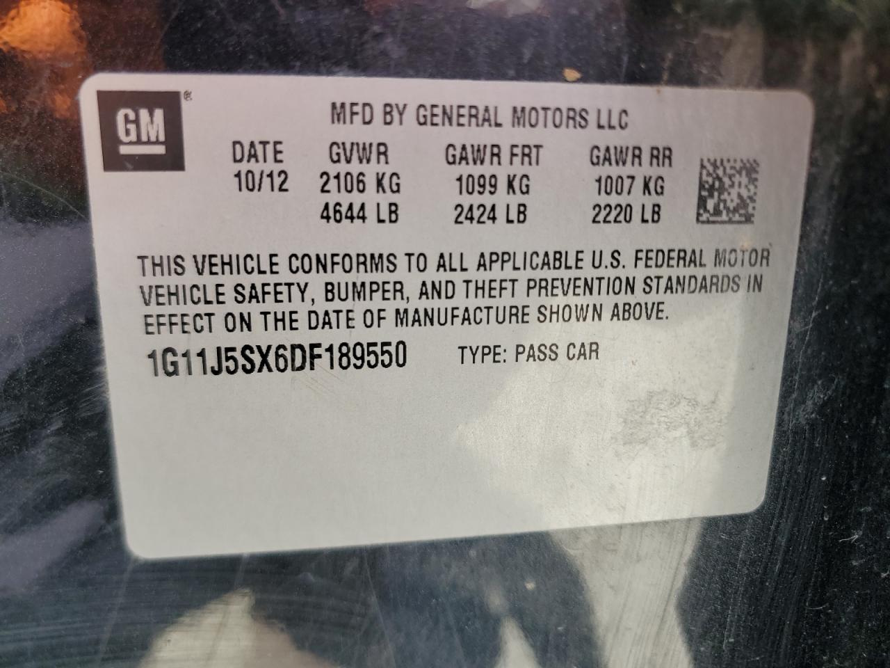 2013 Chevrolet Malibu Ltz VIN: 1G11J5SX6DF189550 Lot: 62915105