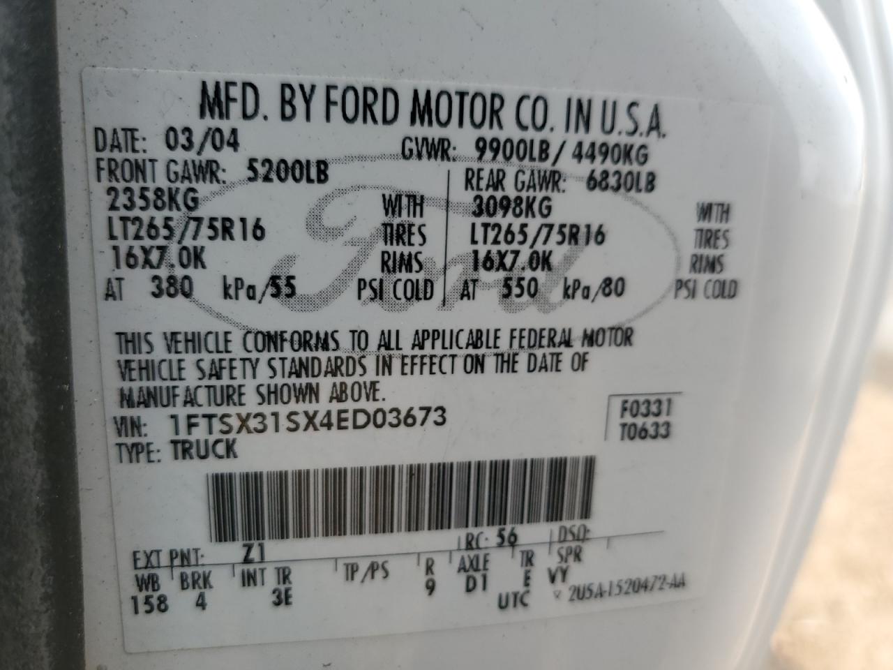 2004 Ford F350 Srw Super Duty VIN: 1FTSX31SX4ED03673 Lot: 57576835