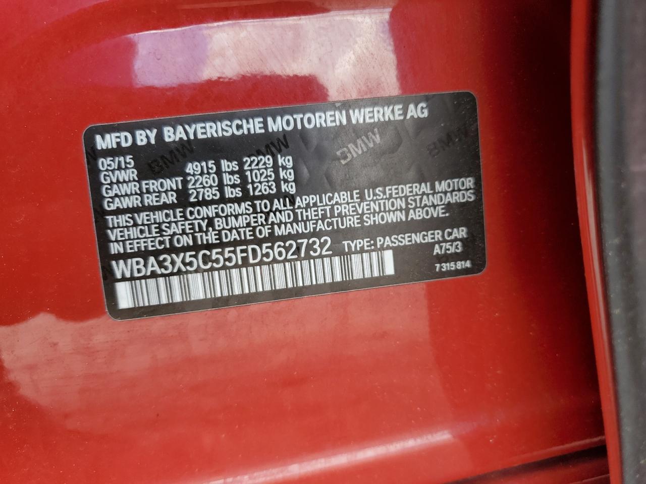 2015 BMW 328 Xigt VIN: WBA3X5C55FD562732 Lot: 64496755