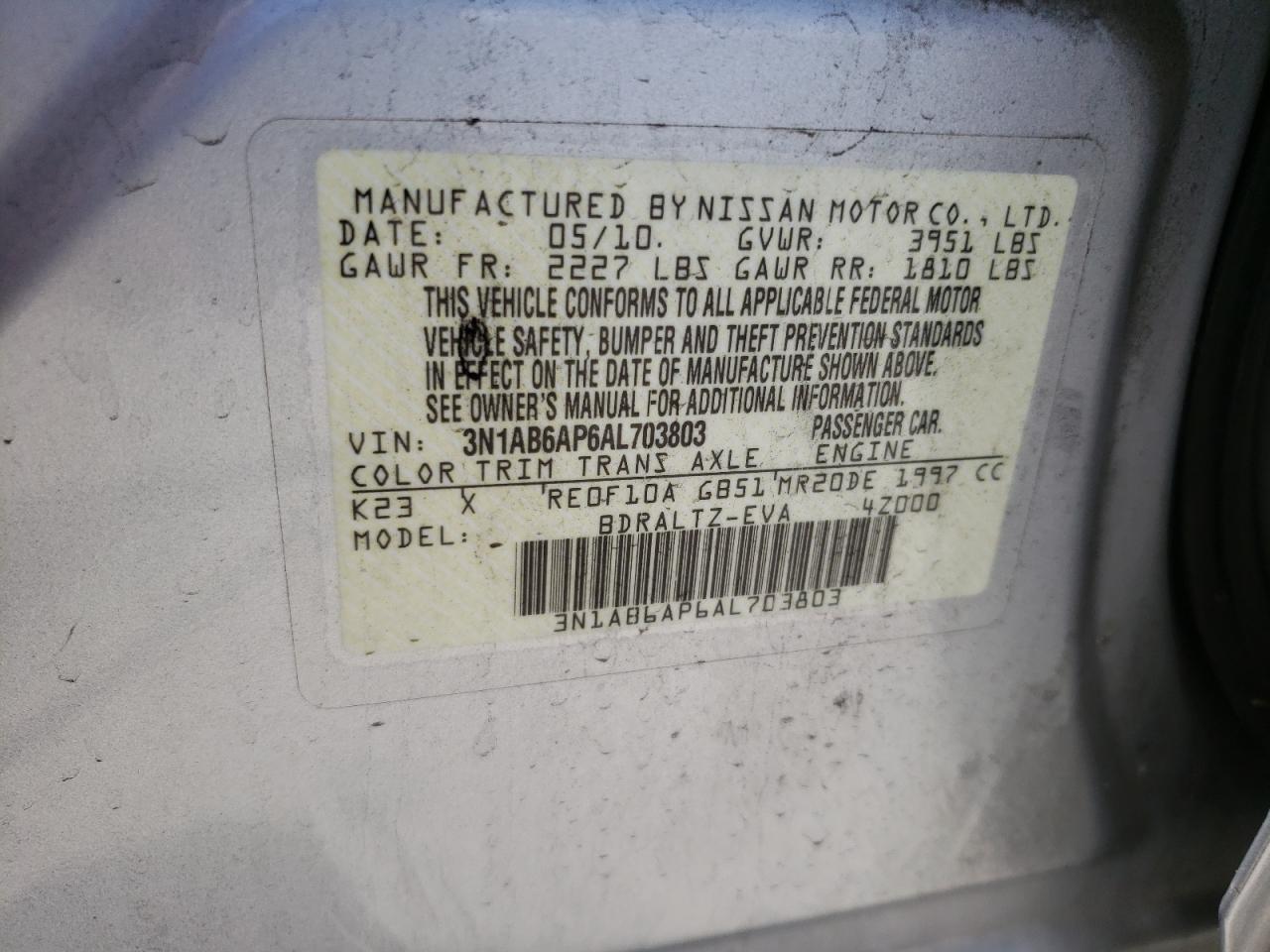 2010 Nissan Sentra 2.0 VIN: 3N1AB6AP6AL703803 Lot: 65242685