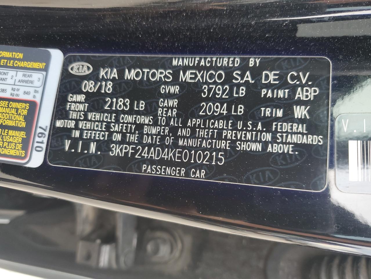 2019 Kia Forte Fe VIN: 3KPF24AD4KE010215 Lot: 64791535