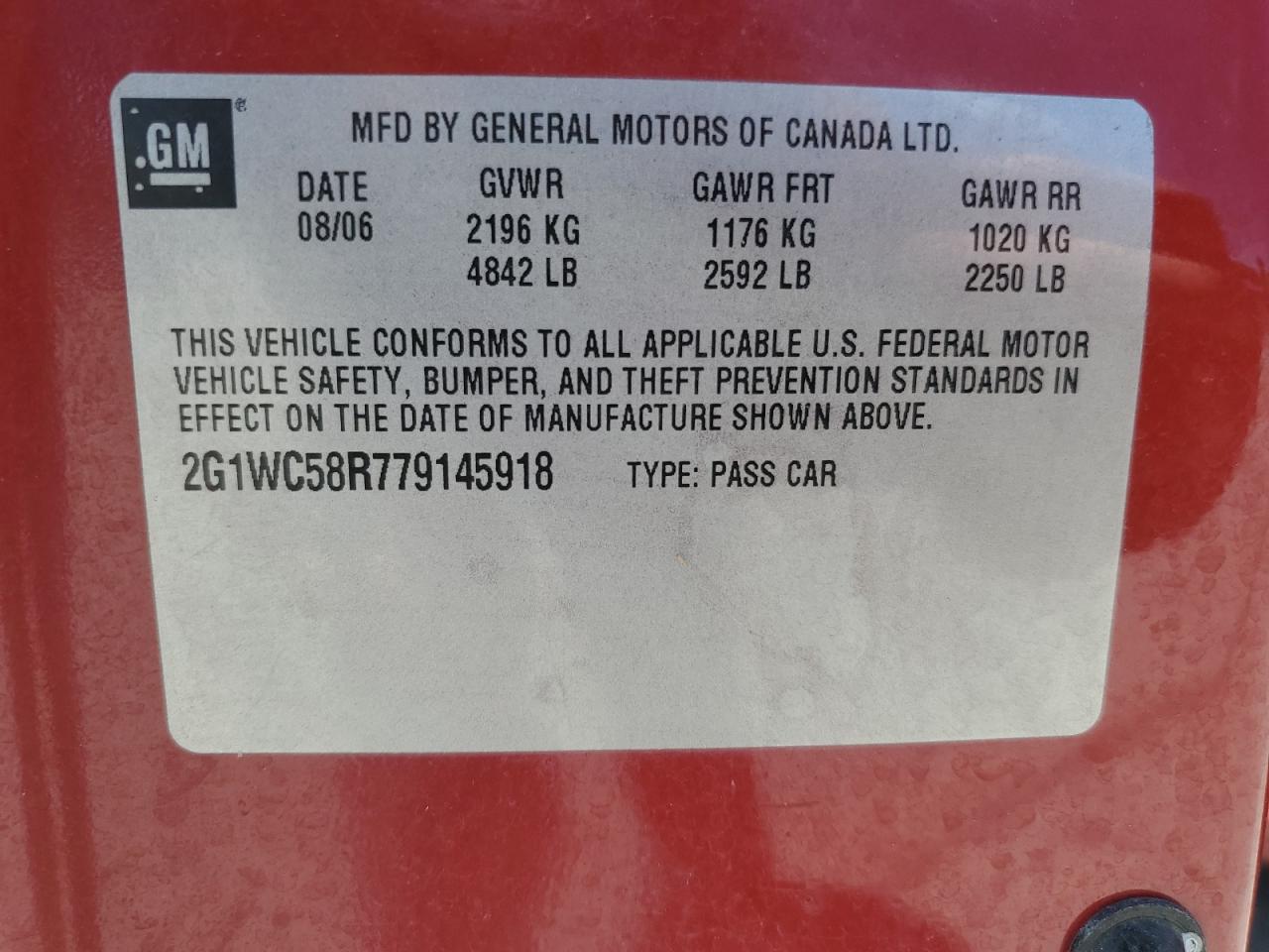 2007 Chevrolet Impala Lt VIN: 2G1WC58R779145918 Lot: 64060765