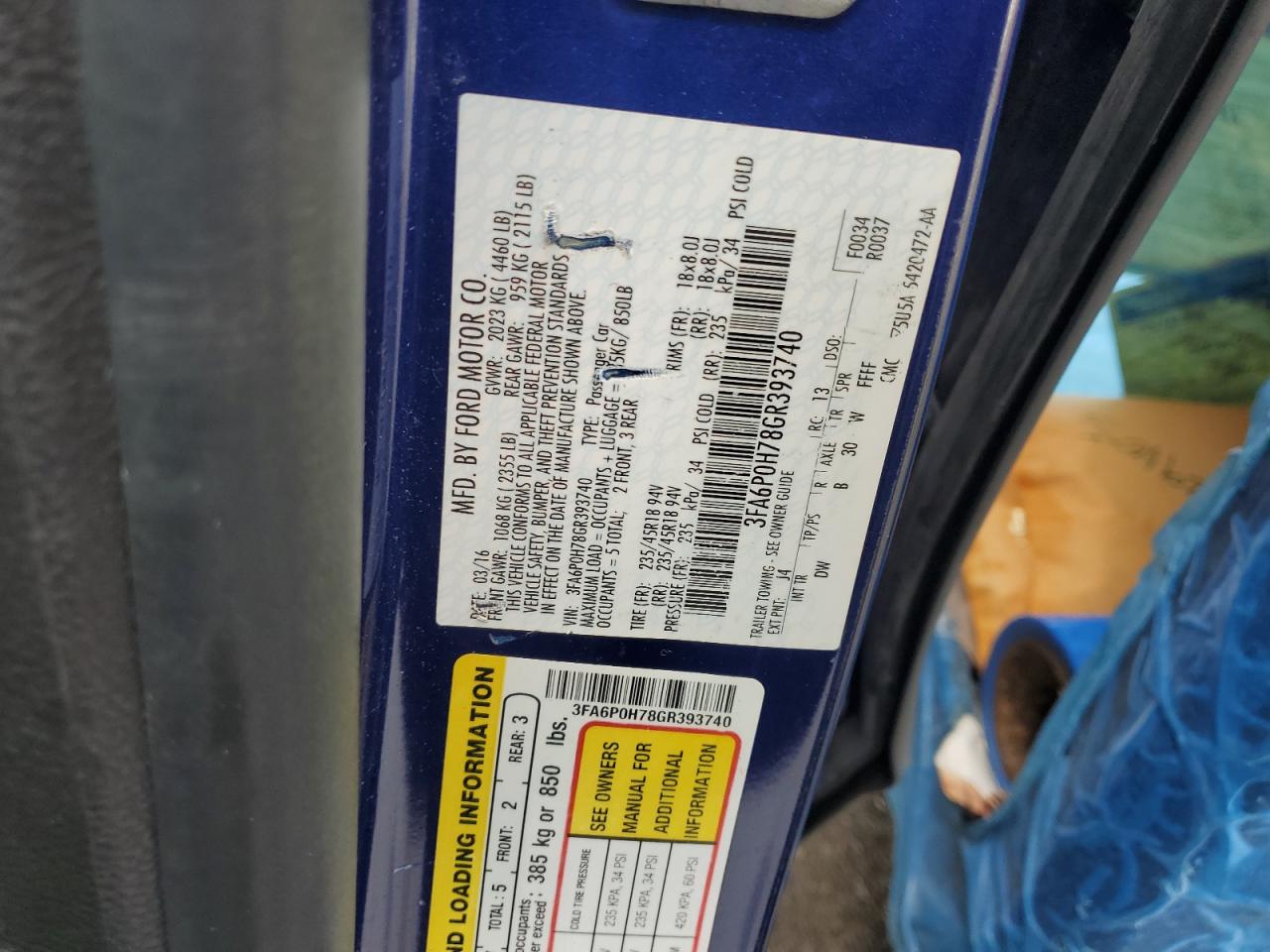 2016 Ford Fusion Se VIN: 3FA6P0H78GR393740 Lot: 62928235