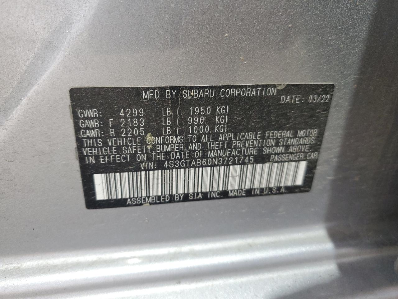 2022 Subaru Impreza VIN: 4S3GTAB60N3721745 Lot: 62564915